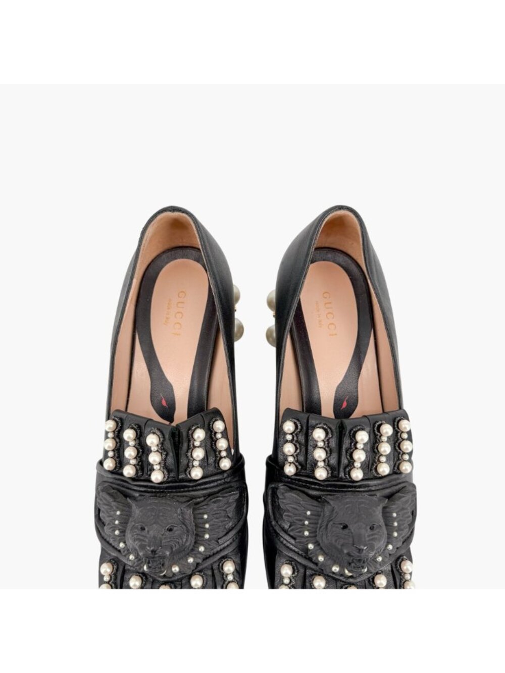 Gucci Lion Head Pearl Fringe Block Heel Loafer Pumps Black Leather Size 37 US 7 - Picture 4 of 15